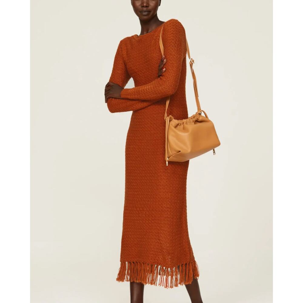 Pamela Love Clay Brown Crochet Maxi Dress LARGE Sweater Fringe Designer $400